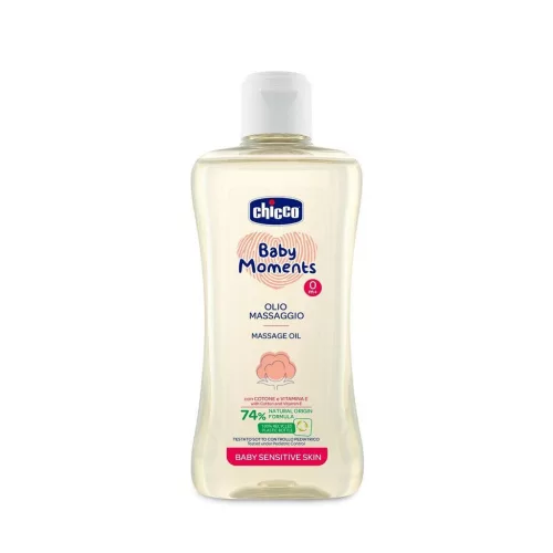 CHICCO Masszázs olaj pamuttal és E-vitaminnal Baby Moments Sensitive 74 % természetes összetevőkkel