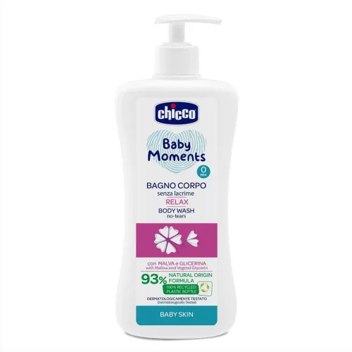 CHICCO Baby Moments Relax testápoló sampon adagolóval 93% természetes összetevőkkel 500 ml