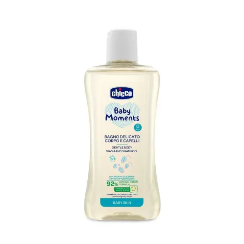 CHICCO Baby Moments kímélő sampon hajra és testre 92 % természetes összetevőkkel 200 ml