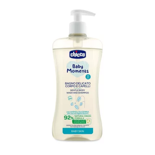 CHICCO Sampon kímélő a hajra és testre adagolóval Baby Moments 92 % természetes összetevőkkel 500 ml