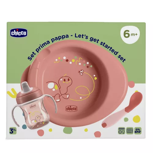 CHICCO Kezdő készlet - tányér, üveg és kanál rózsaszín 6m+