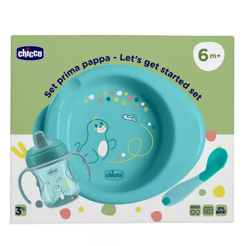 CHICCO Kezdő készlet - tányér, üveg és kanál kék 6m+