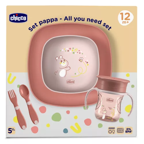 CHICCO Étkezési készlet - tál, tányér, üveg és evőeszköz pink 12m+