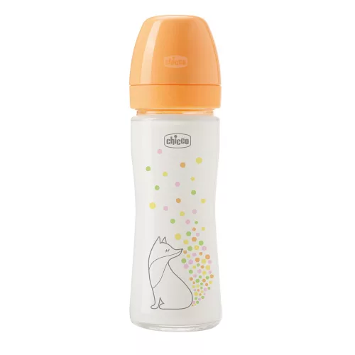 CHICCO Üvegből készült cumisüveg Perfect Easy 240 ml, lassú szilikon áramlás, lányoknak, 0m+