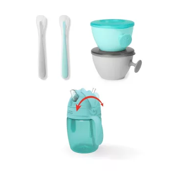   SKIP HOP 5 darabos étkezési készlet pohárral Easy-Feed Mealtime Set Teal/Grey 6hó+