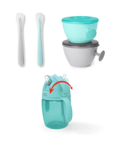 SKIP HOP 5 darabos étkezési készlet pohárral Easy-Feed Mealtime Set Teal/Grey 6hó+