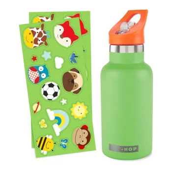   SKIP HOP Rozsdamentes acél kulacs szívószálas ivócsővel és matricákkal, zöld, 380 ml, 4év+