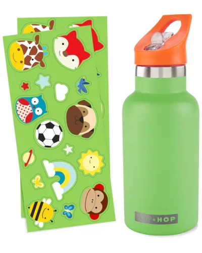 SKIP HOP Rozsdamentes acél kulacs szívószálas ivócsővel és matricákkal, zöld, 380 ml, 4év+