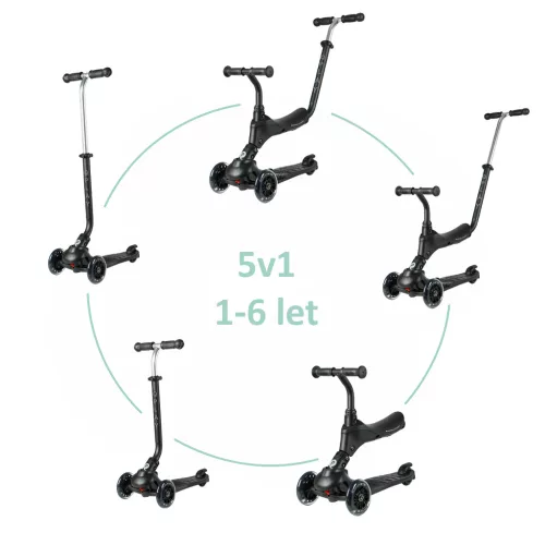 QPLAY Kolobežka Sema Pro Black, 5 v 1, s LED kolečky, věk 1-6 let