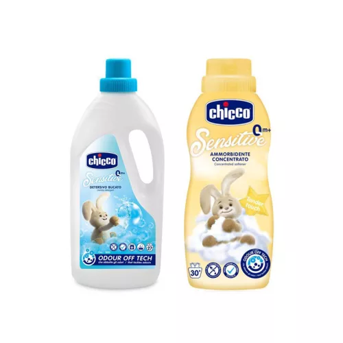 CHICCO Sensitive gyermek mosószer 1,5 l + Koncentrált öblítő Finom Érintés 750 ml