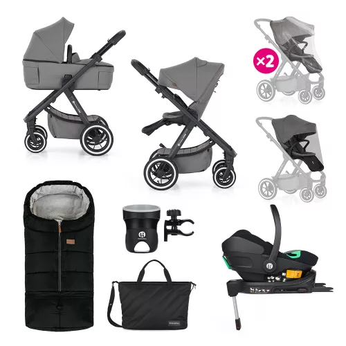 PETITE&MARS Kombinált babakocsi ICON 2 az 1-ben Dove Grey XXL AIR + Core Pro i-Size Black Grey + Báz