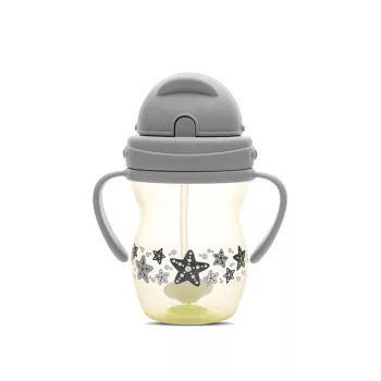   Baby Care szívószálas itató fogantyúval 275ml - Grey/Yellow