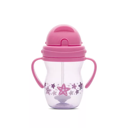 Baby Care szívószálas itató fogantyúval 275ml - Pink/Purple