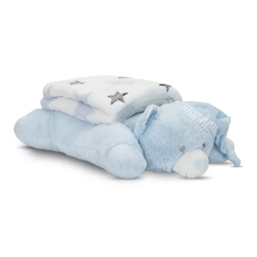 Lorelli Poffy Duo takaró 75x90 cm párnával 45x30 cm - White Blue Teddy Bear