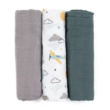   Petite&Mars Bambusz muszlin 3db-os pelenka szett Moussy Grey Planes, 68 x 68 cm