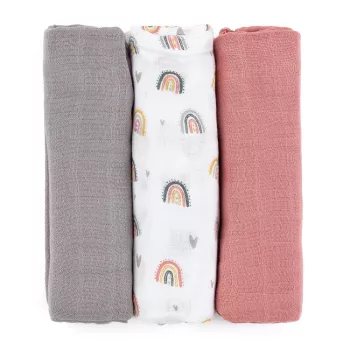   Petite&Mars Bambusz muszlin 3db-os pelenka szett, Moussy Rose Rainbows, 68 x 68 cm