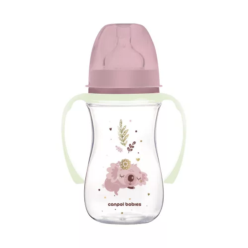 Canpol babies Anti-kólikás cumisüveg, világító fogantyúval, EasyStart, SLEEPY KOALA, 240 ml - pink