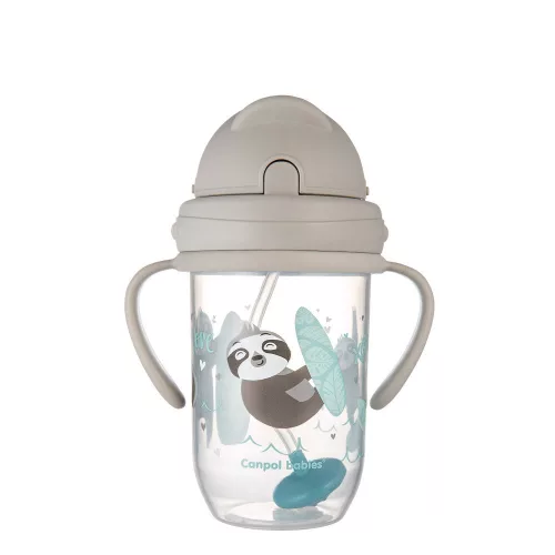 Canpol babies Súlyozott szívószálas cseppmentes itatópohár, 270ml, 6hó+, EXOTIC ANIMALS - szürke