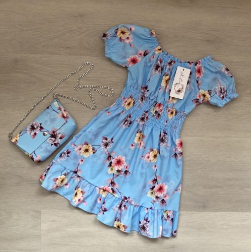 Virágos nyári lány ruha táskával, kék, 140