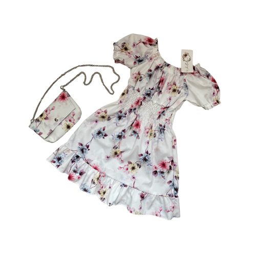 Virágos nyári lány ruha táskával, fehér, 128