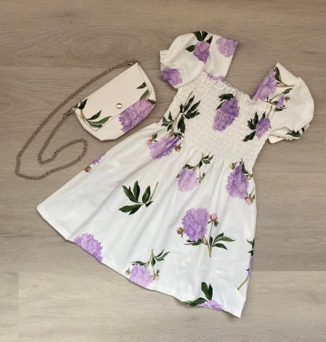 Virág mintás nyári lány ruha táskával, lila, 140