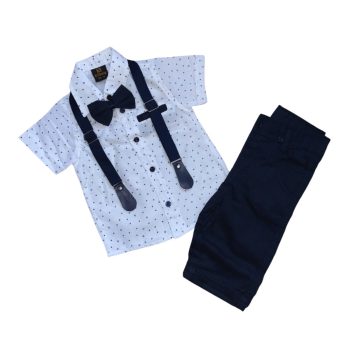 Elegáns négy részes rövid fiú szett, fehér-sötétkék