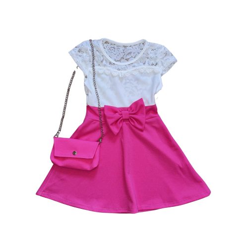 Csipke nyakú, virágos kislány ruha táskával, rózsaszín-fehér