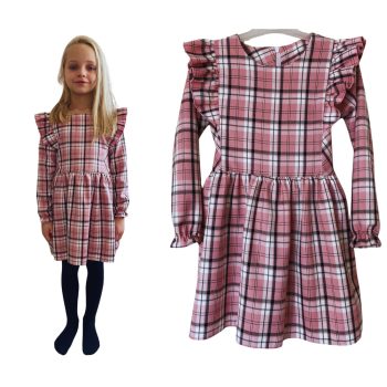 Kockás alkalmi lány ruha, rózsaszín