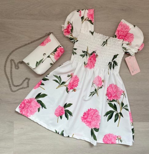 Virág mintás nyári lány ruha táskával, rózsaszín, 128
