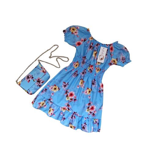 Virágos nyári lány ruha táskával, kék, 164