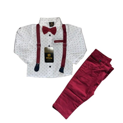 Elegáns négy részes kisfiú szett, fehér-mintás-bordó, 86