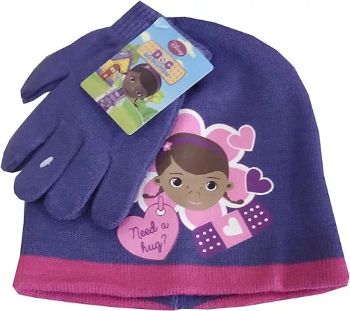 Disney Dr Plüssi Hug Purple gyerek sapka + kesztyű szett 54 cm