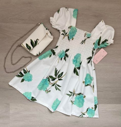 Virág mintás nyári lány ruha táskával, zöld, 140
