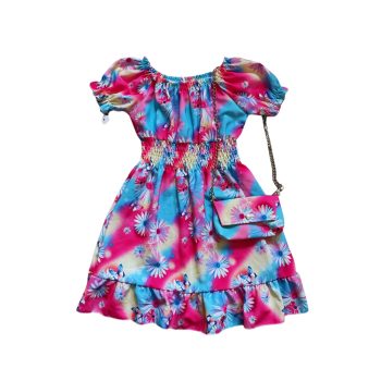   Virágos, pillangós kislány ruha szett táskával, kék-rózsaszín