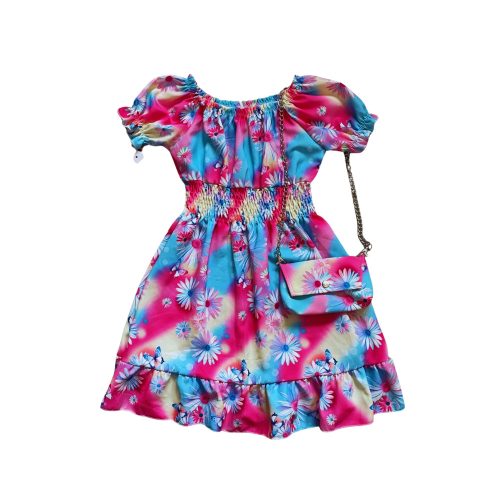 Virágos, pillangós kislány ruha szett táskával, kék-rózsaszín