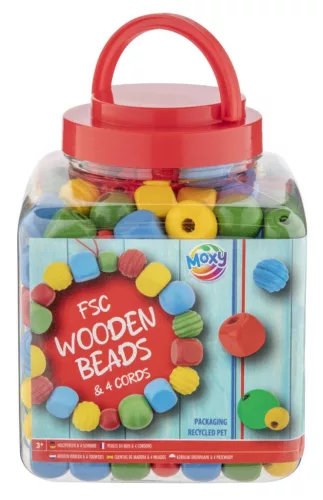 Színes Moxy Red fa gyöngyök vödörben
