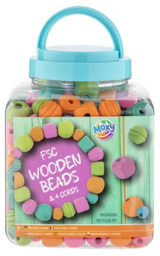 Színes Moxy Blue fa gyöngyök vödörben