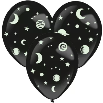   Űr Space sötétben világító léggömb, lufi kiegészítőkkel 3 db-os szett 14 inch (35,5 cm)