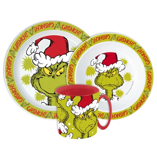 A Grincs Christmas Mischief étkészlet, micro műanyag szett bögrével 390 ml 