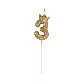 Arany Champagne Crown 3-as számgyertya, tortagyertya 6 cm