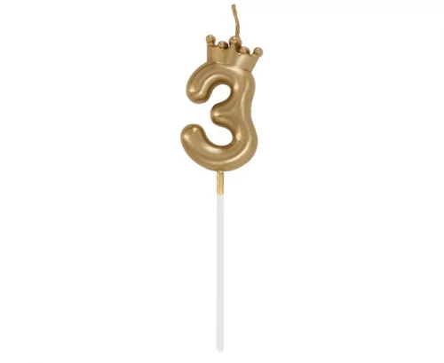 Arany Champagne Crown 3-as számgyertya, tortagyertya 6 cm